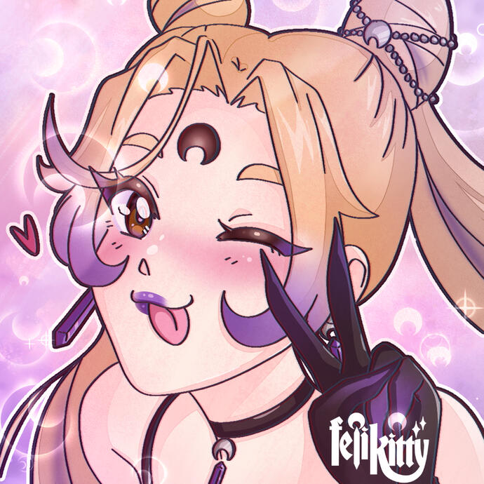 Headshot of FeliKitty with their tongue sticking out, winking and holding the victory sign