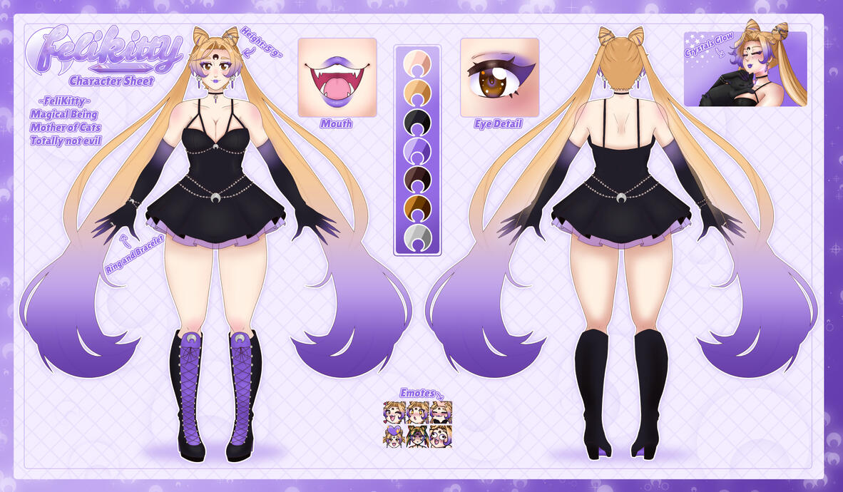 FeliKitty Character Sheet - Details on FeliKitty's design, colour scheme and Emotes